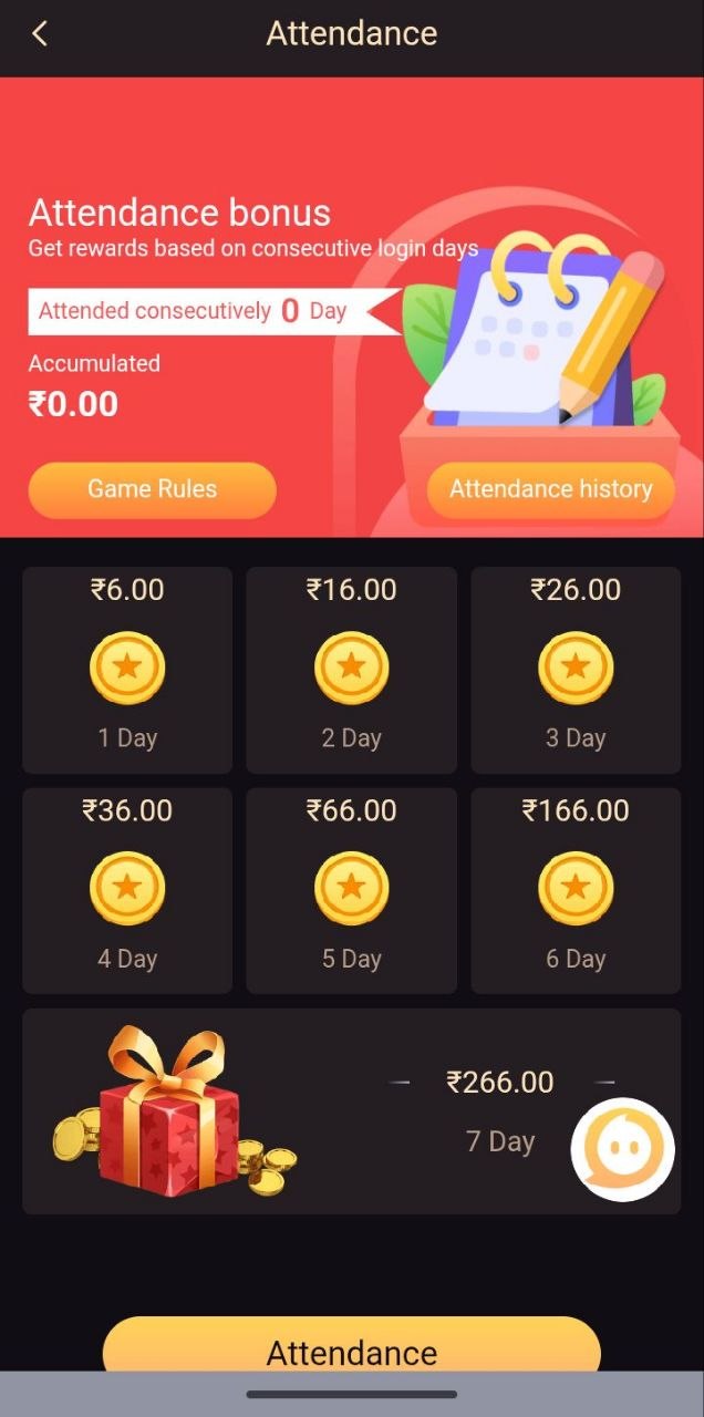 6Club Attendance bonus dashboard showing 7-day consecutive login rewards from ₹6 to ₹266 with claim button