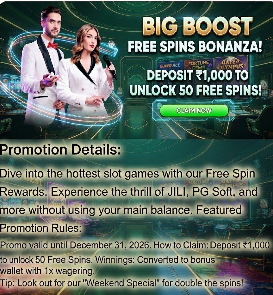 Promotional graphic for Big Boost featuring two hosts advertising a Free Spins Bonanza where depositing ₹1,000 unlocks 50 free spins on specific games.