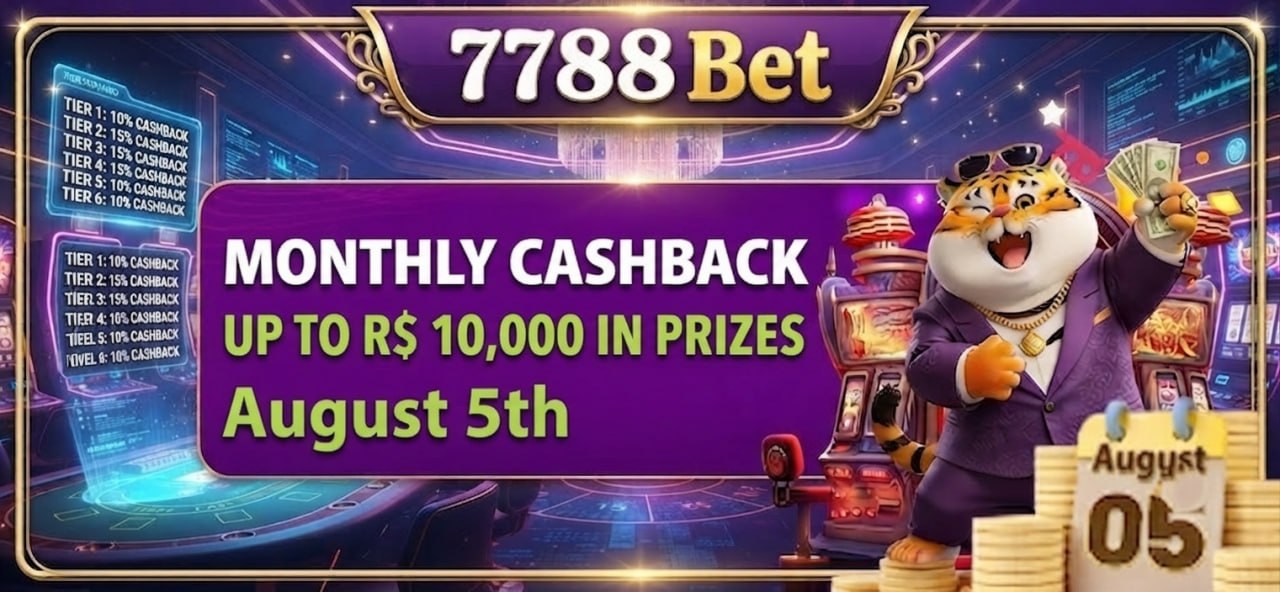 A vibrant promotional image from 7788Bet featuring a suited tiger character holding money and posing in a futuristic casino, announcing a monthly cashback of up to R$ 10,000 in prizes for August 5th.