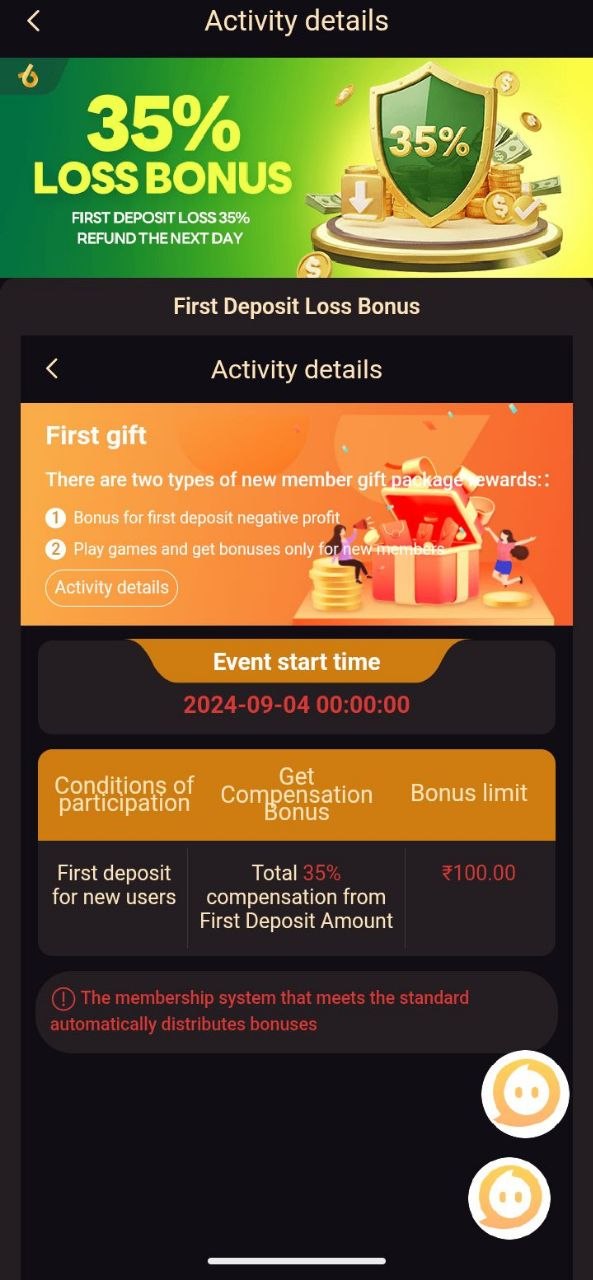 6Club 35% First Deposit Loss Bonus promotion dashboard displaying 35% refund compensation and max limit of ₹100 for new users