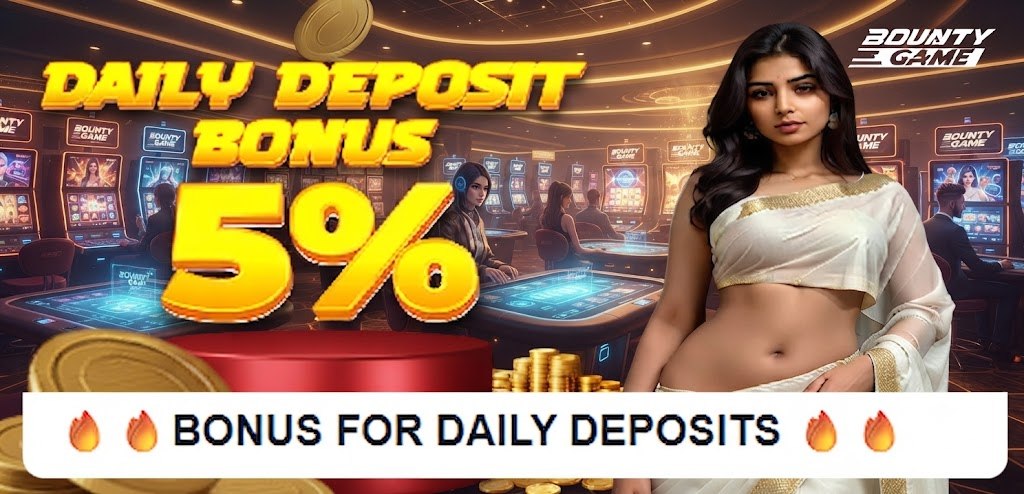 A promotional banner for Bounty Game advertising a 5% daily deposit bonus. The image features a woman in a sari and a casino background with coins.