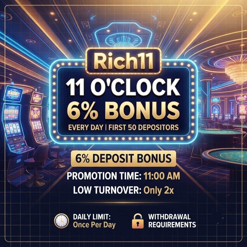 Rich11 6% bonus poster with casino background.