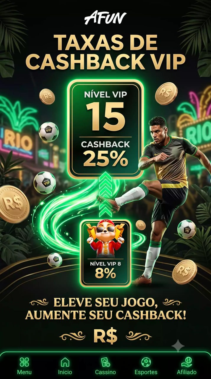 Pôster promocional da AFUN mostrando o aumento de cashback VIP do Nível 8 (8%) para o Nível 15 (25%). Apresenta um jogador de futebol em ação, moedas de reais (R$) flutuantes e o texto em destaque 'Eleve seu jogo, aumente seu cashback!'
