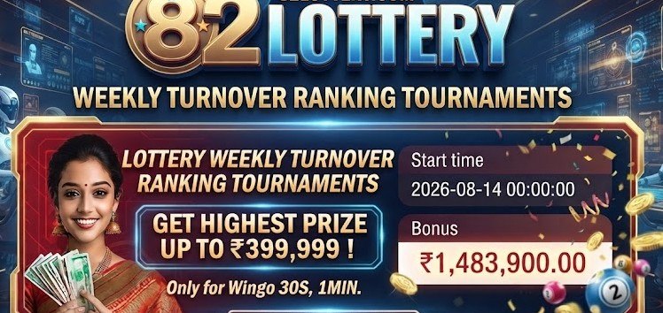A promotional graphic for 82 Lottery showing a weekly turnover ranking tournament starting August 14, 2026, with a total bonus pool of ₹1,483,900, top prizes up to ₹399,999 for Wingo 30S and 1MIN games, set against an advanced futuristic casino background with AI elements.