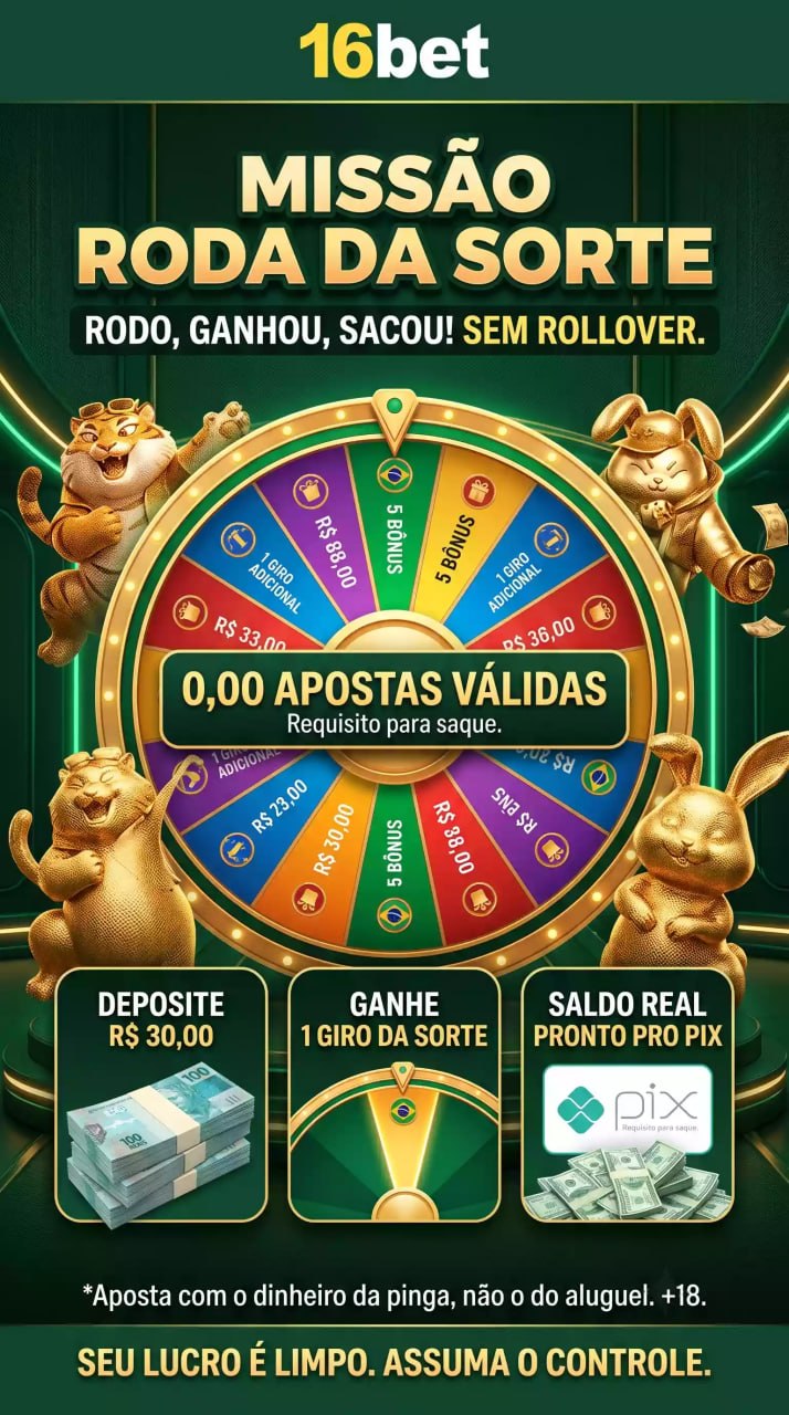 Uma roda da fortuna colorida com prêmios em dinheiro é o centro, flanqueada por mascotes dourados de um tigre e coelho. Três painéis detalham os passos: depósito de R$ 30, ganho de 1 giro e saque via PIX. Inclui avisos de jogo responsável.