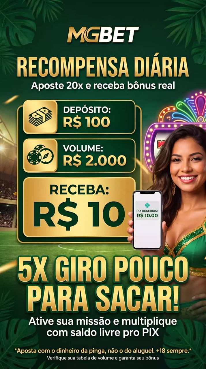 Banner da MGBET promovendo 'RECOMPENSA DIÁRIA'. Mostra depósito de R$100, volume de R$2.000 e bônus de R$10 recebido via PIX. Apresenta uma mulher e o texto '5X GIRO POUCO PARA SACAR!' sobre fundo de estádio e selva.
