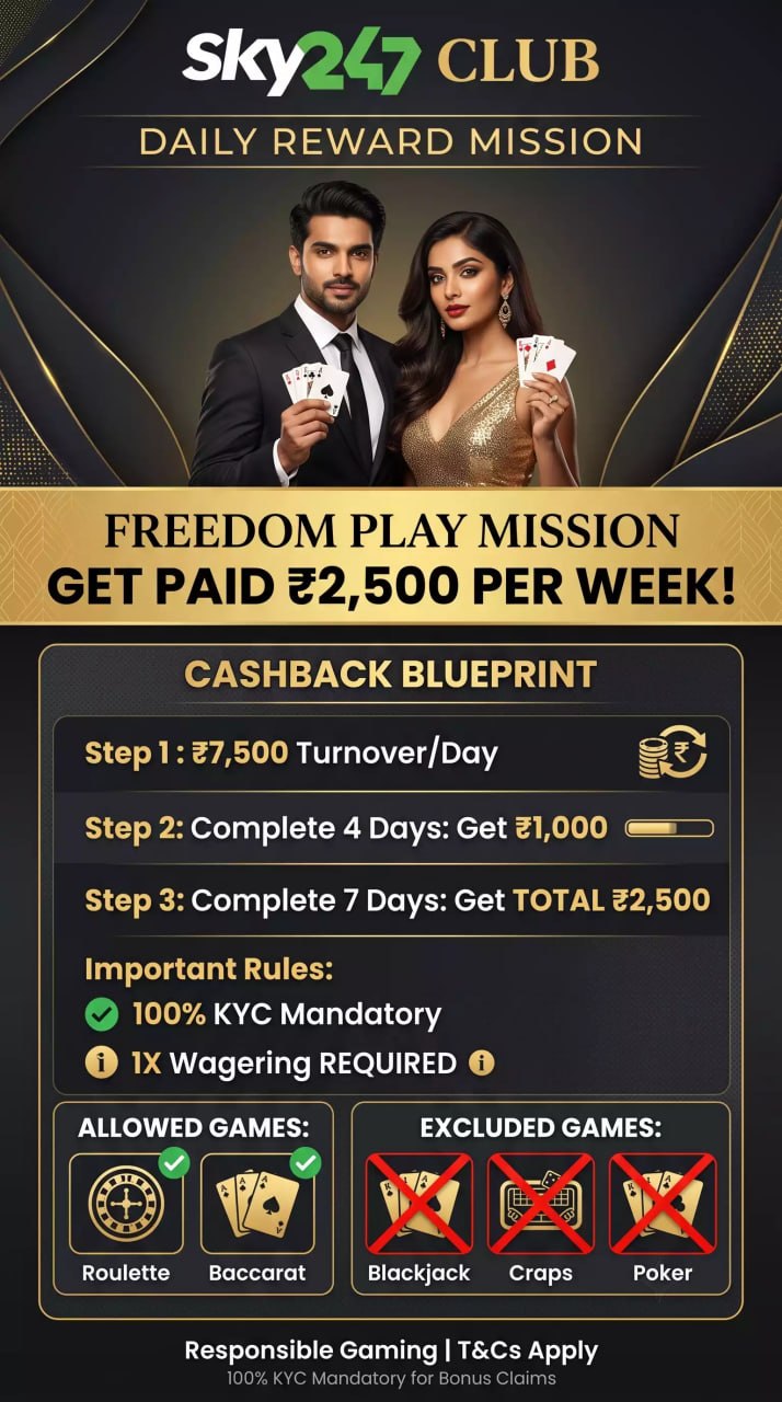 Promotional banner from Sky247 Club for the Freedom Play Mission, offering a weekly reward of ₹2,500. It shows an Indian couple holding cards. The text details a Cashback Blueprint for turnover, allowed games like Roulette and Baccarat, and excluded games like Blackjack and Poker. Mandates 100% KYC.