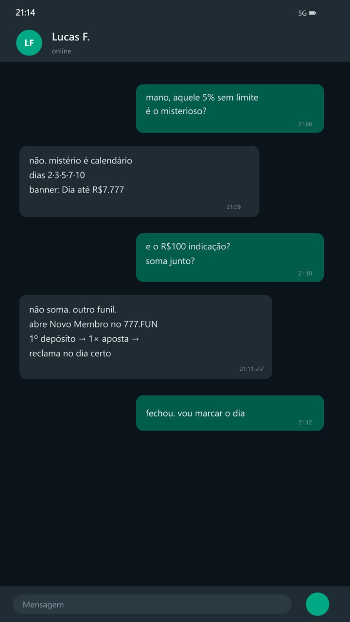 777.FUN Bônus Misterioso calendário dias 2 3 5 7 10 até R$7.777 H5