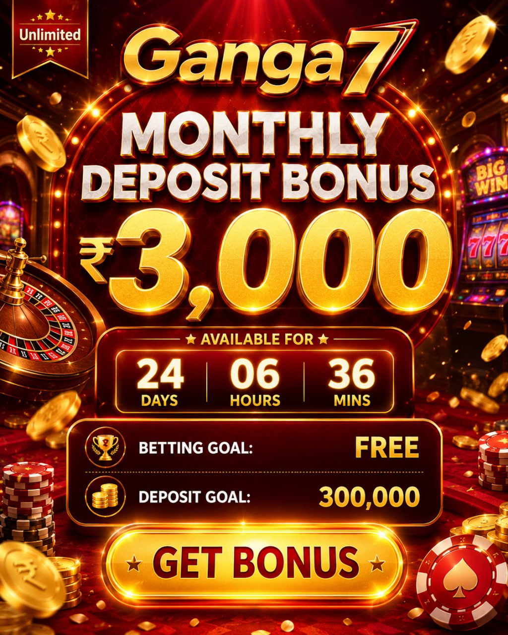 Ganga7 ₹3,000 Monthly Deposit Bonus promotional poster.