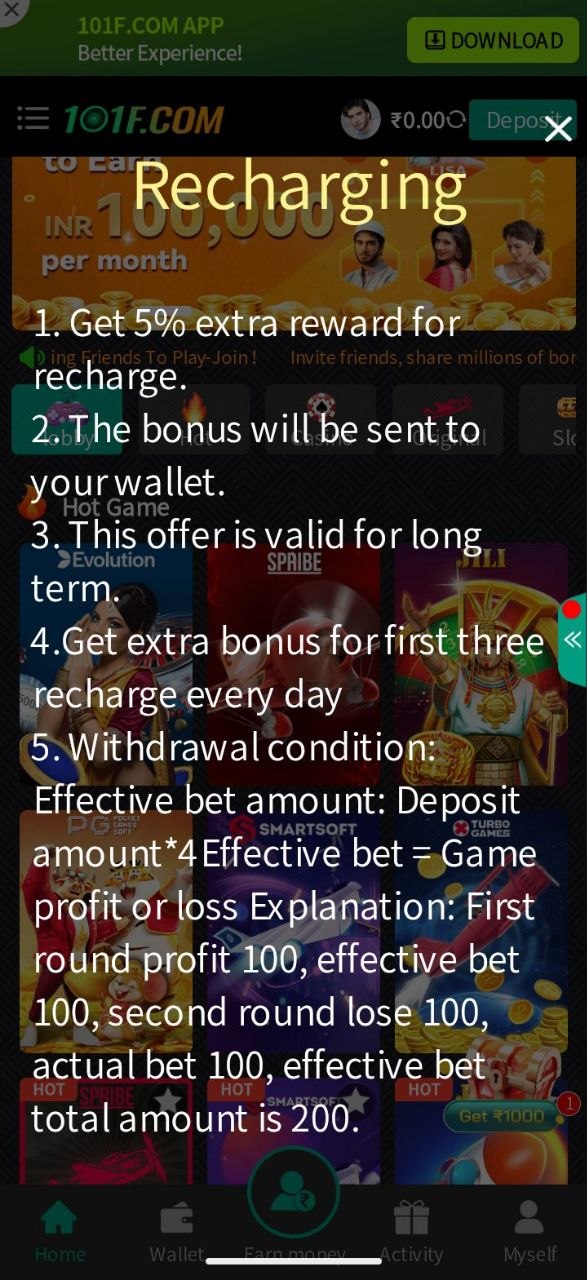 101F.com Recharging 5% Extra Reward Bonus and 4x Effective Bet Rules