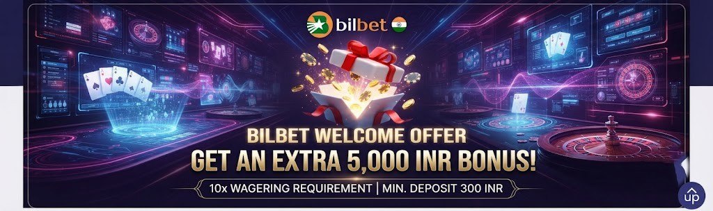 A promotional banner for Bilbet India featuring a gift box and text stating 'EXTRA 5 000 INR WELCOME BONUS' against a purple background.