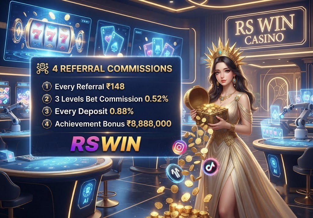 RS WIN promotional banner for referral commissions showing tiered rewards chest of gold coins and floating social media icons against a golden coin cascade background.