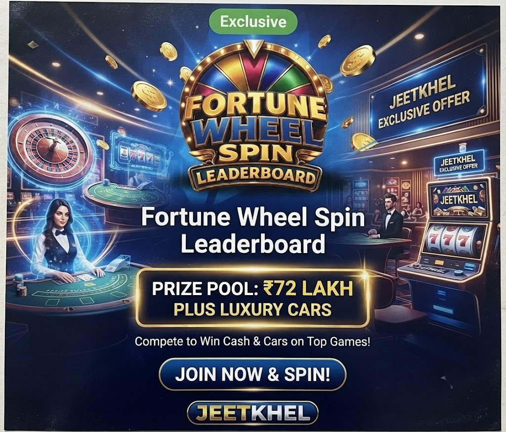 Promotional graphic for the 'Fortune Wheel Spin Leaderboard' showing a golden wheel, coins, and a ₹72 Lakh prize pool with luxury car icons on a blue background.