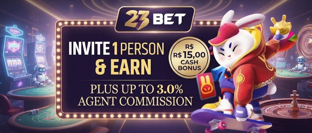 A promotional banner for 23 BET featuring a skateboard-riding rabbit mascot, displaying the 'Invite 1 Person & Earn R$ 15,00 Cash Bonus' offer and 'up to 3.0% Agent Commission' details set against an AI-generated casino background.