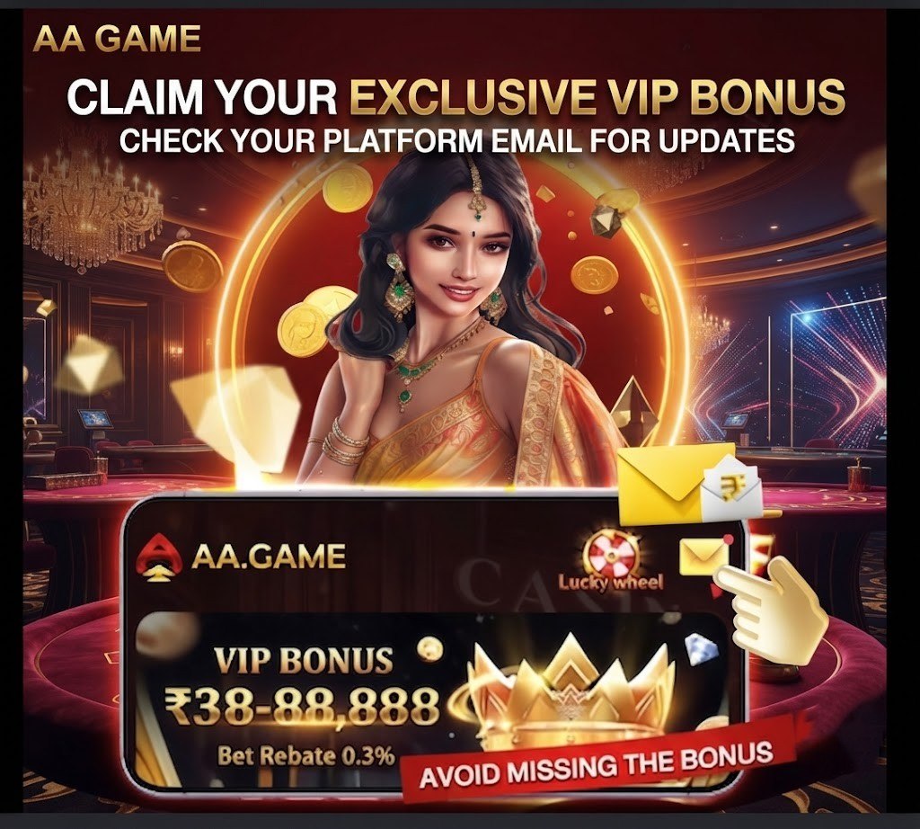 AA Game casino promotional graphic with an elegant woman, a golden crown, and a smartphone showing the ₹38-88,888 VIP Bonus, with an icon pointing to an email.