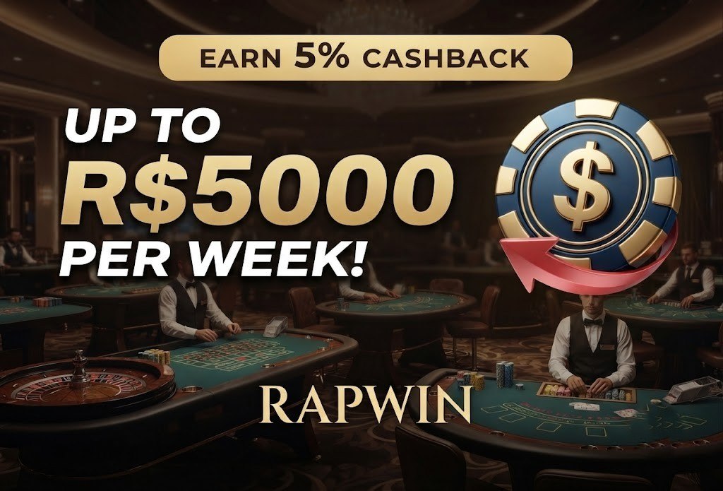 A promotional banner for RAPWIN Casino offering 5% weekly cashback up to R$5000, set against a blurred background of luxury live casino tables.
