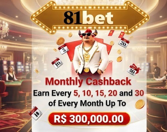 Promotional graphic featuring the 81bet logo, a stylish bull character, and calendar icons for cashback dates, advertising R$ 300,000.00.