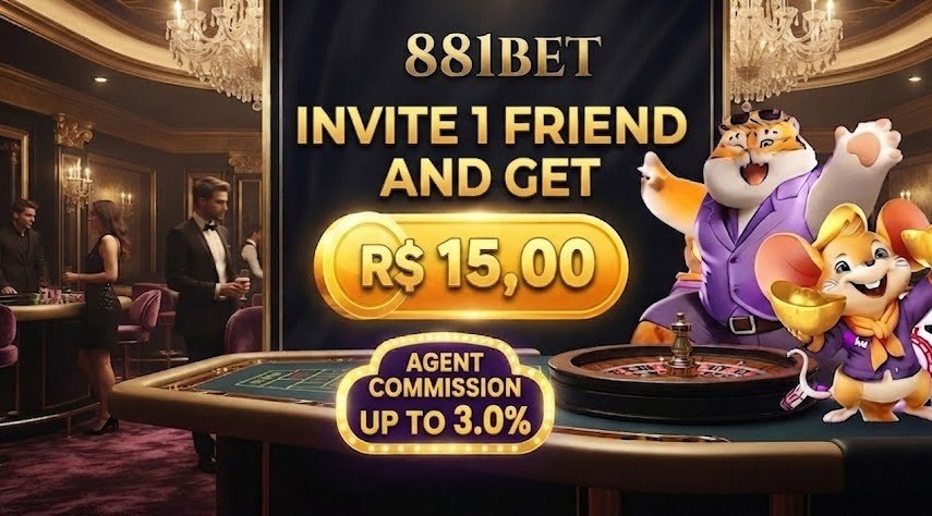 An 881BET casino promotional banner featuring a cartoon tiger and mouse , displaying a 'Invite 1 Person and Earn R$ 15.00' offer and 'up to 3.0% Agent Commission' in a luxury casino setting.
