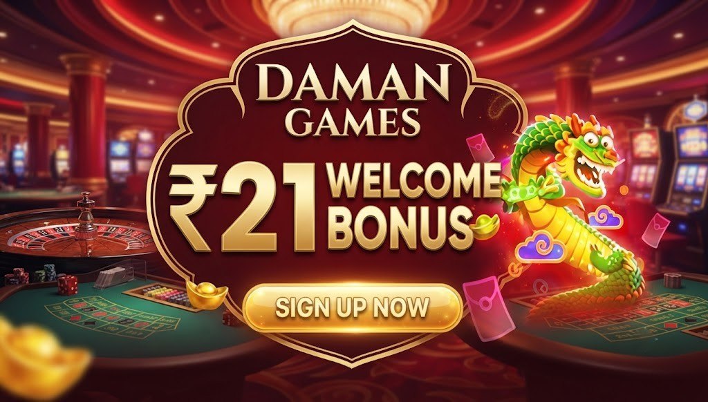 A festive promotional poster for Daman Games featuring a golden dragon, floating ingots, red envelopes, and a 'Sign Up Now' button, highlighting a ₹21 welcome bonus.
