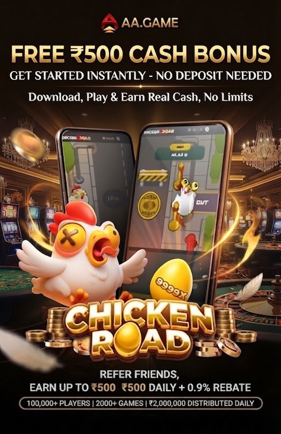 A high-energy promotional poster for AA Game offering a 'Free ₹500 Cash Bonus' with no deposit needed and no withdrawal limits.