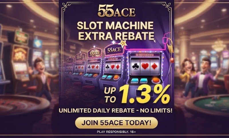 A promotional graphic showing a Slot Machine Extra Rebate up to 1.3% with casino imagery and the 55ACE branding.