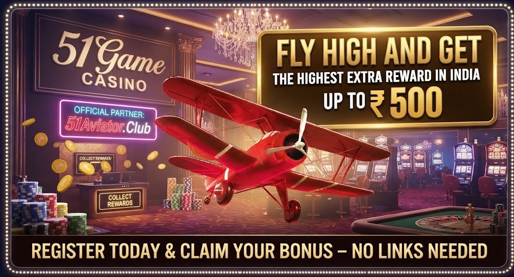 51 Game promotional graphic showing a red Aviator plane with flying gold coins and the bonus text