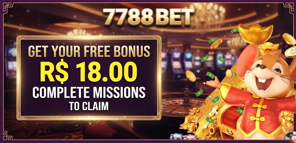A promotional graphic showing a free R$ 18.00 mission bonus on 7788 BET with a festive character and casino background.