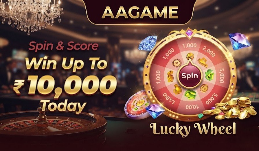 A promotional banner for the AAGAME 'Lucky Wheel' bonus, featuring spinning wheels, a large 'Win Up To ₹10,000 Today' text, diamonds, and a pile of gold coins against a casino background.