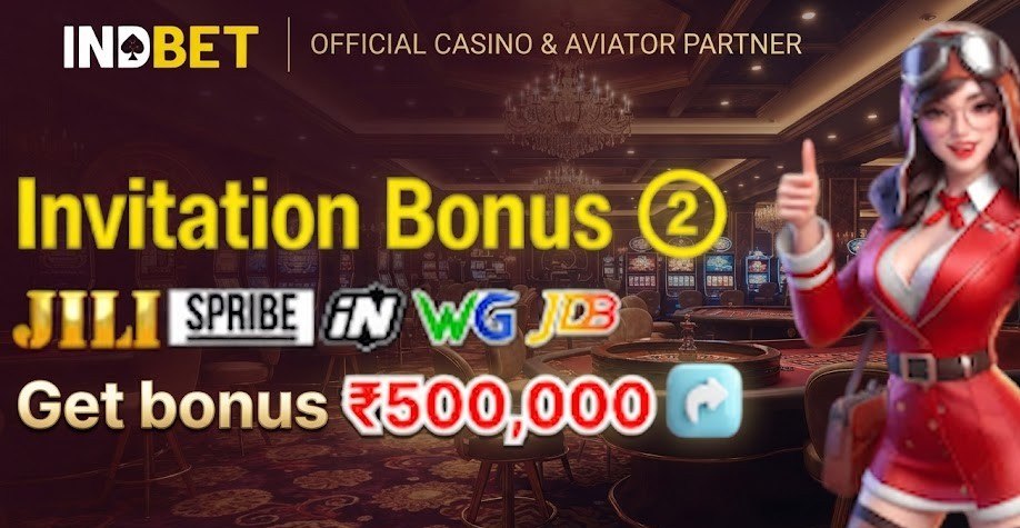 Promotional banner for INDBET featuring a female pilot character offering a ₹500,000 bonus and listing game providers Jili, Spribe, IN, WG, and JDB.
