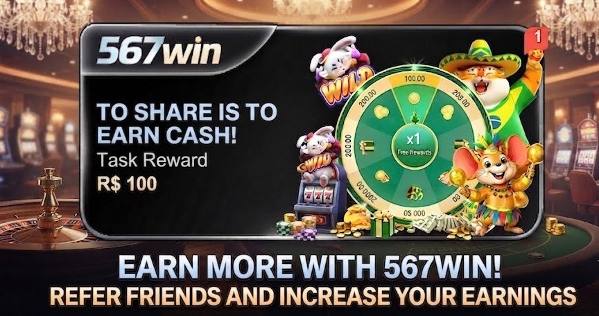 Promotional graphic for 567WIN showing an R$ 100 share task reward with a prize wheel and characters.