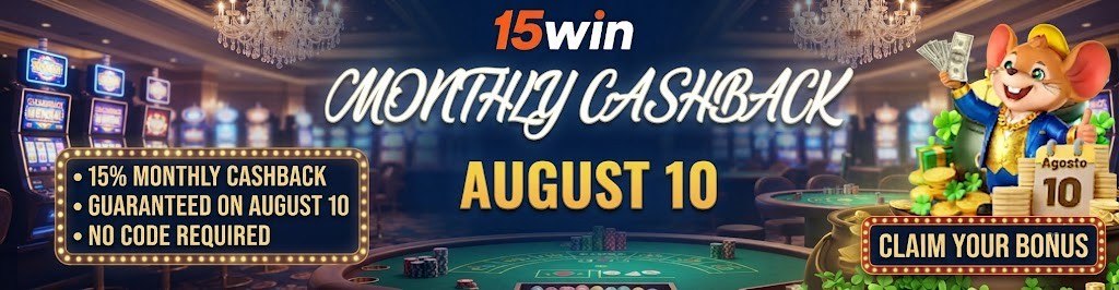A promotional banner for 15win advertising a 15% monthly cashback bonus, guaranteed on August 10th, featuring a rich casino background, a lucky mouse mascot with cash, and a 'Claim Your Bonus' button.