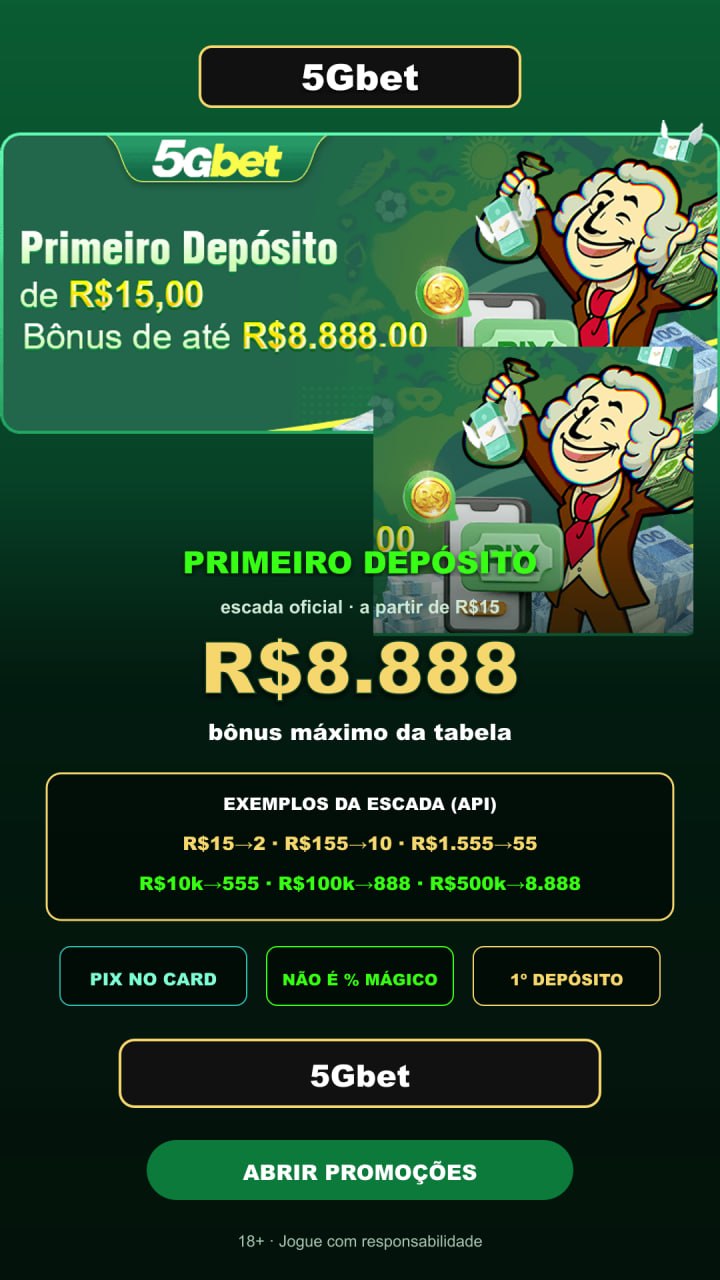 H5 5Gbet Primeiro Depósito: escada até bônus R$8.888, banner verde com PIX