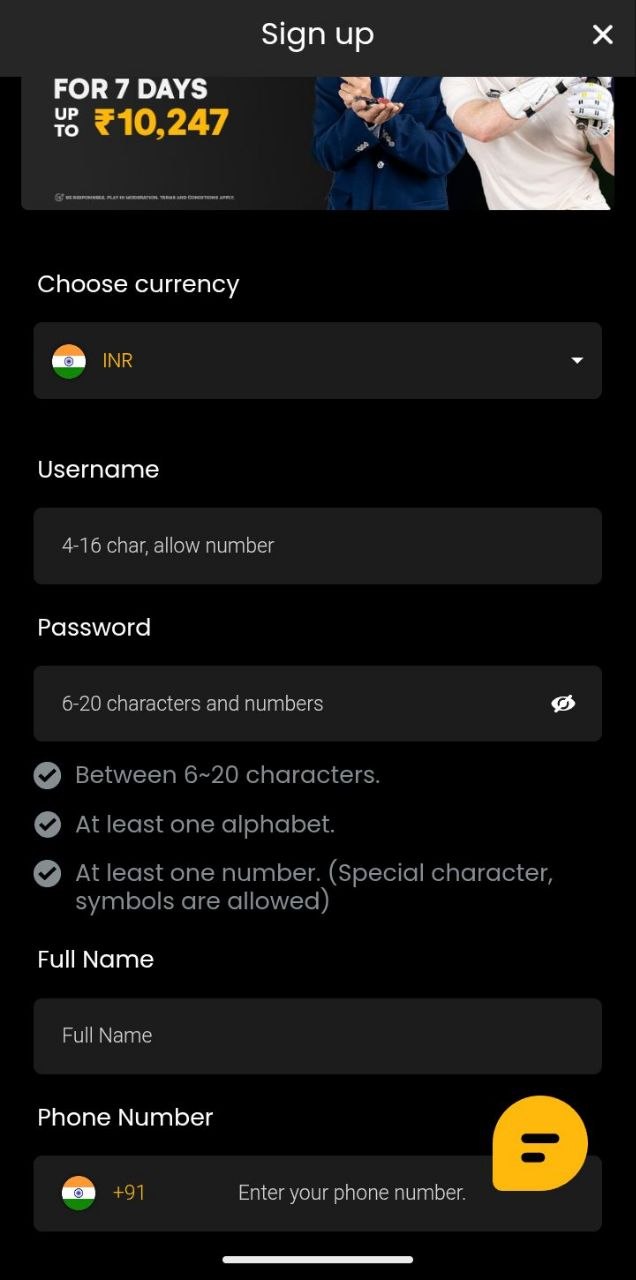 Sky247 Account Registration Form and Welcome Bonus Banner