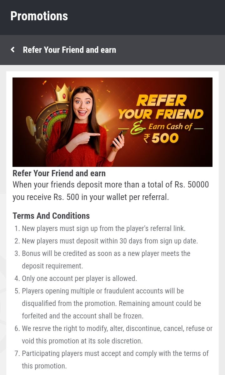 Winmatch Refer Your Friend Promotional Banner Offering 500 Rupees Cash Bonus