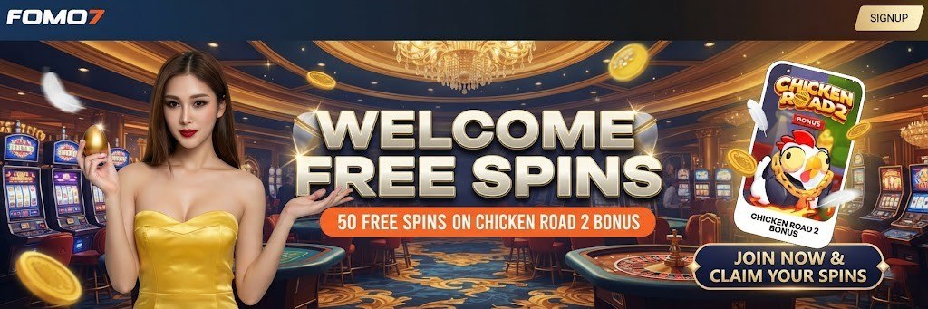 A promotional banner for FOMO7 Casino offering 50 free spins on the Chicken Road 2 slot game, featuring a woman in a gold dress and casino imagery.