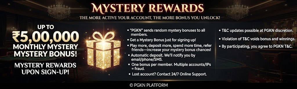 A promotional graphic detailing a monthly mystery bonus of up to ₹5,00,000 for active members of the PGKN platform.
