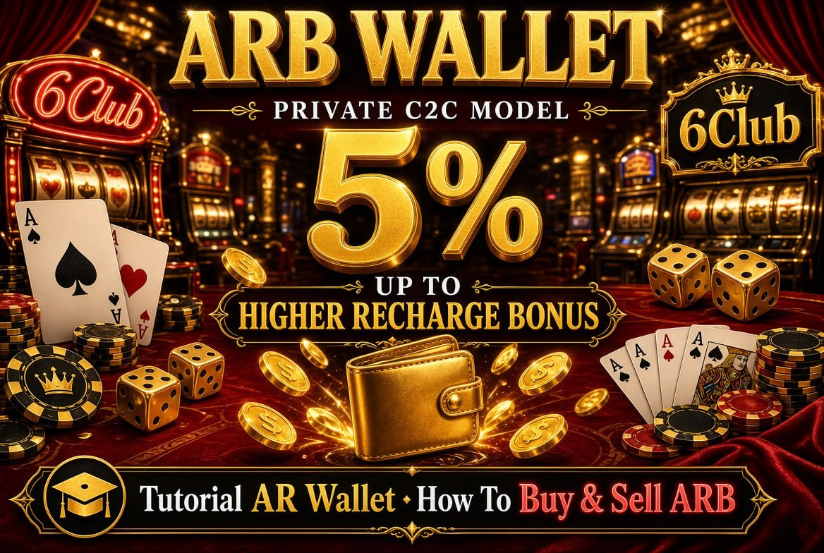 Promotional poster of ARB Wallet 5% higher recharge bonus on 6Club casino background