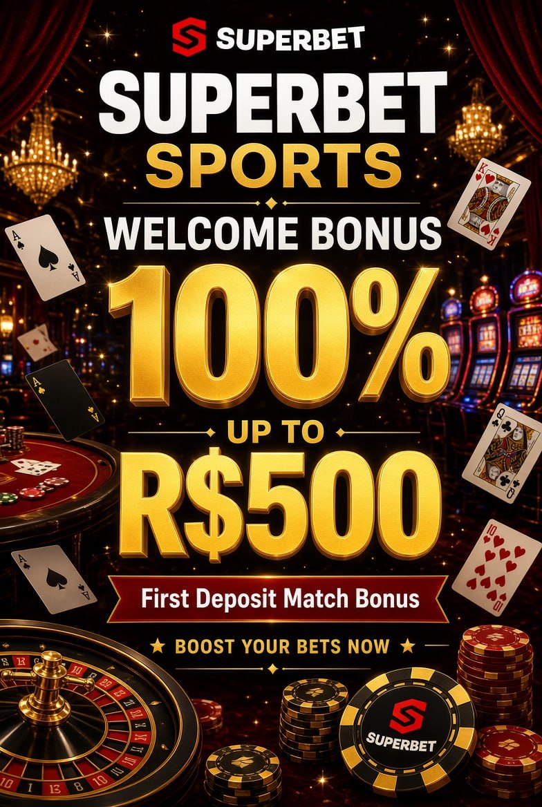 Promotional poster of Superbet 100% Sports Welcome Bonus up to R$500 with casino background and golden bonus text.