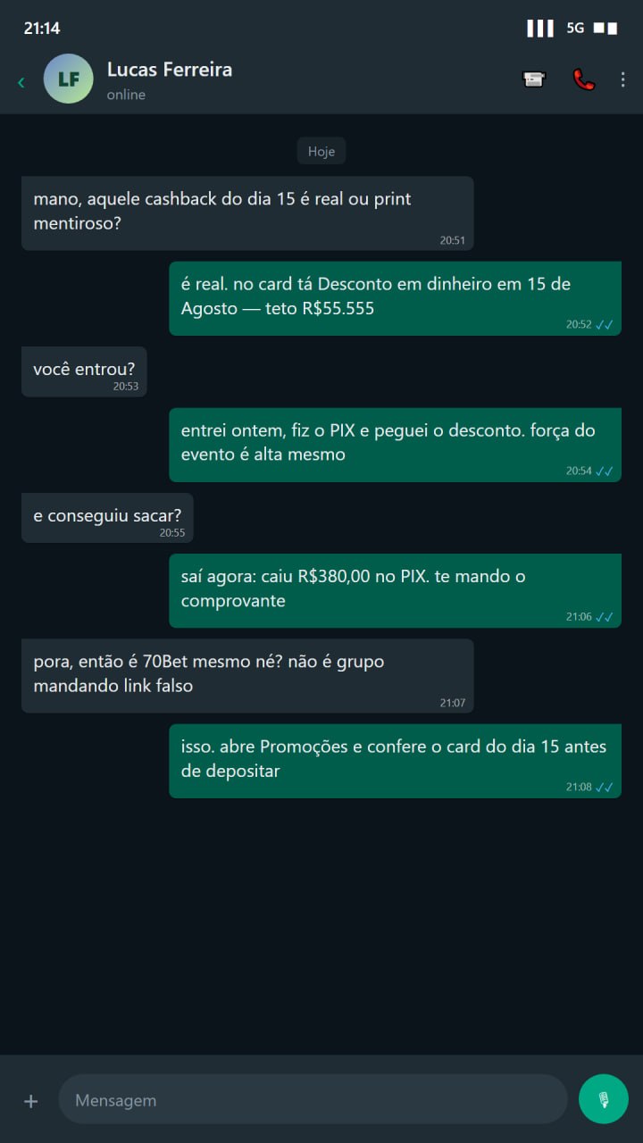 Comprovante Pix recebido R$380 após desconto do dia 15 na 70Bet