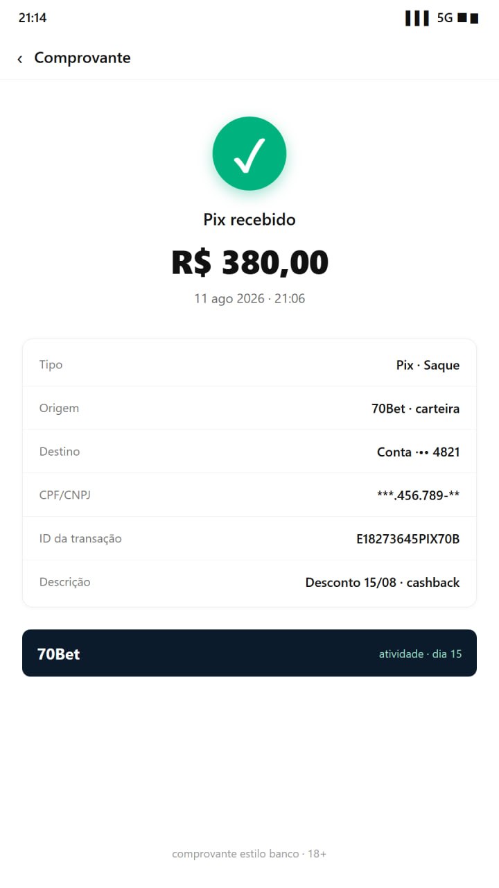 H5 70Bet Cashback mensal 15 de Agosto com teto R$55.555