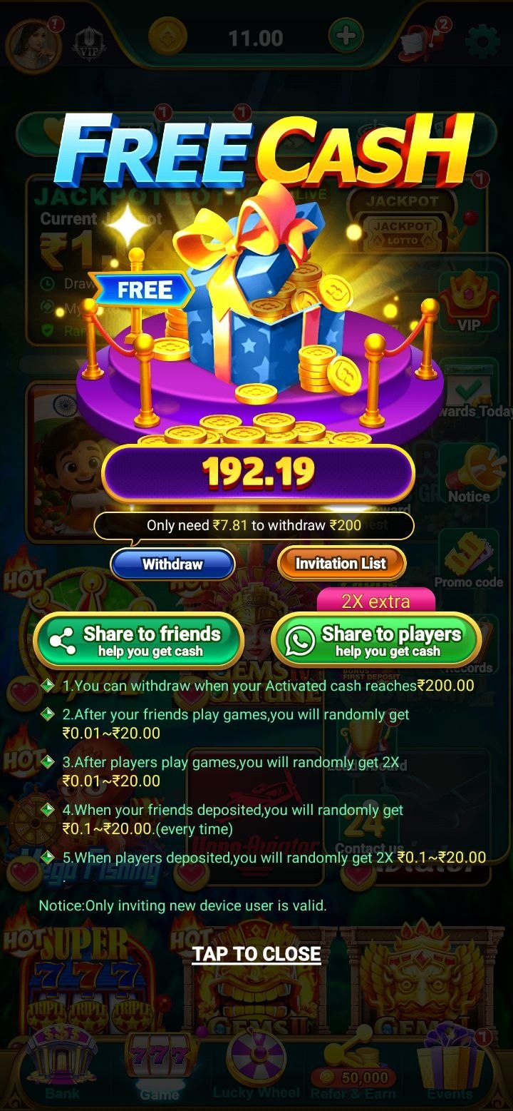 Ind slots Free Cash Offer Rs 200 Withdrawal Banner