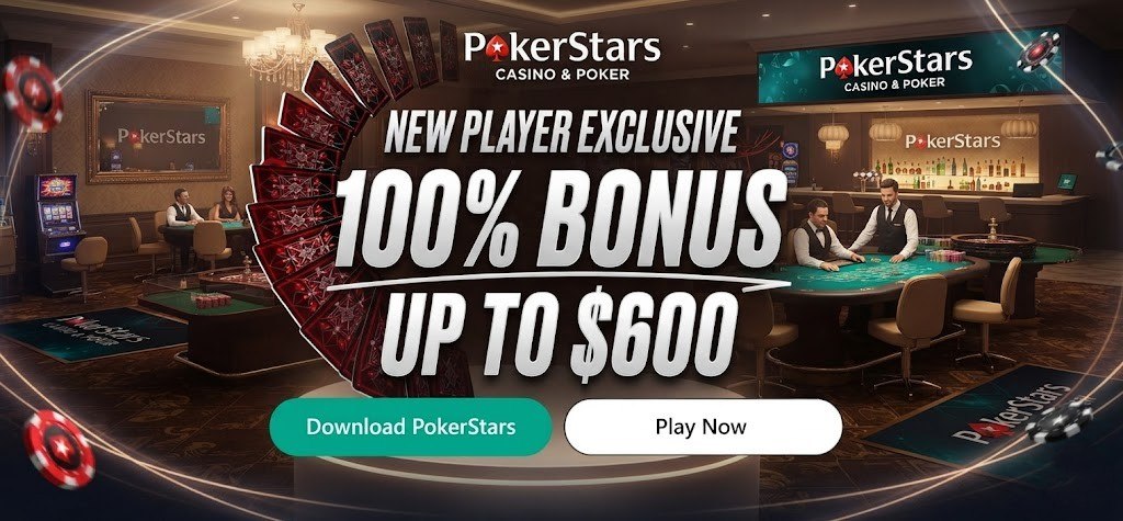 A banner promoting a 100% casino deposit bonus up to $600 for new PokerStars players.