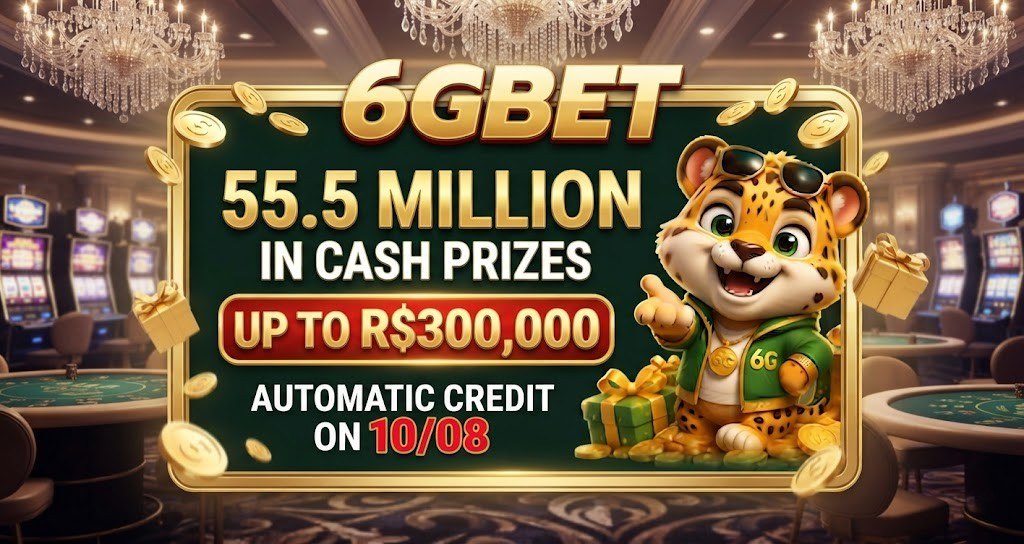 A promotional banner for 6G Bet featuring a cheerful leopard mascot presenting a 55.5 million cash prize pool and an automatic credit offer of up to R$300,000 on 10/08, surrounded by gold coins and gift boxes.