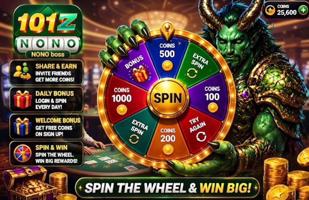 A promotional graphic for 101Z Casino featuring a horned green character presenting a large, colorful spin wheel with coin prizes and bonus sections.