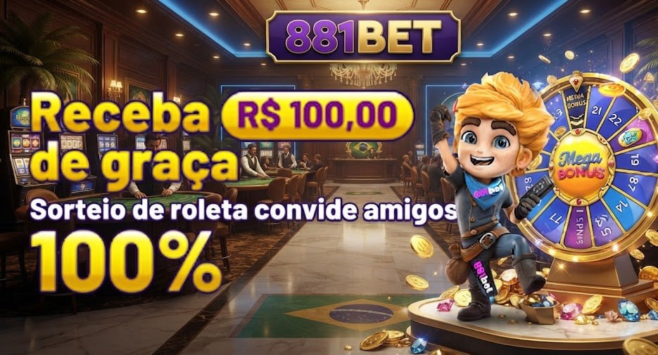 Uma imagem promocional vibrante para 881 BET, com um personagem de desenho animado segurando um controle remoto ao lado de uma roda de prêmios 'Mega Bônus', destacando as ofertas de R$ 100,00 grátis e 100% de bônus no sorteio de roleta para convidar amigos.