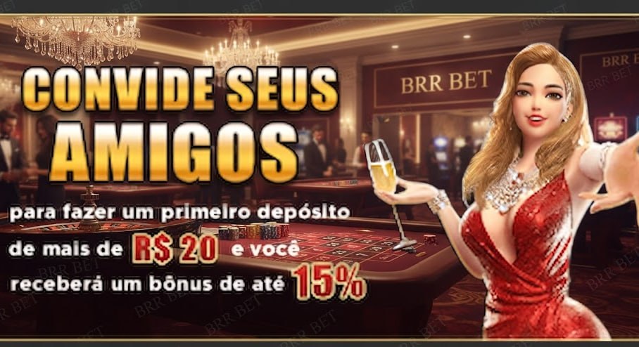 Uma mulher elegante com vestido vermelho e champanhe convida você para a BRR BET para um bônus de indicação de primeiro depósito acima de R$ 20.