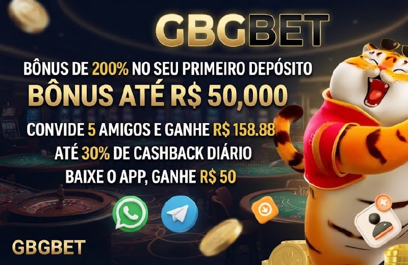 Gráfico promocional da GBGBET com um tigre da sorte, oferecendo bônus de 200% até R$ 50.000, cashback de 30% e recompensas por indicação e download do app.