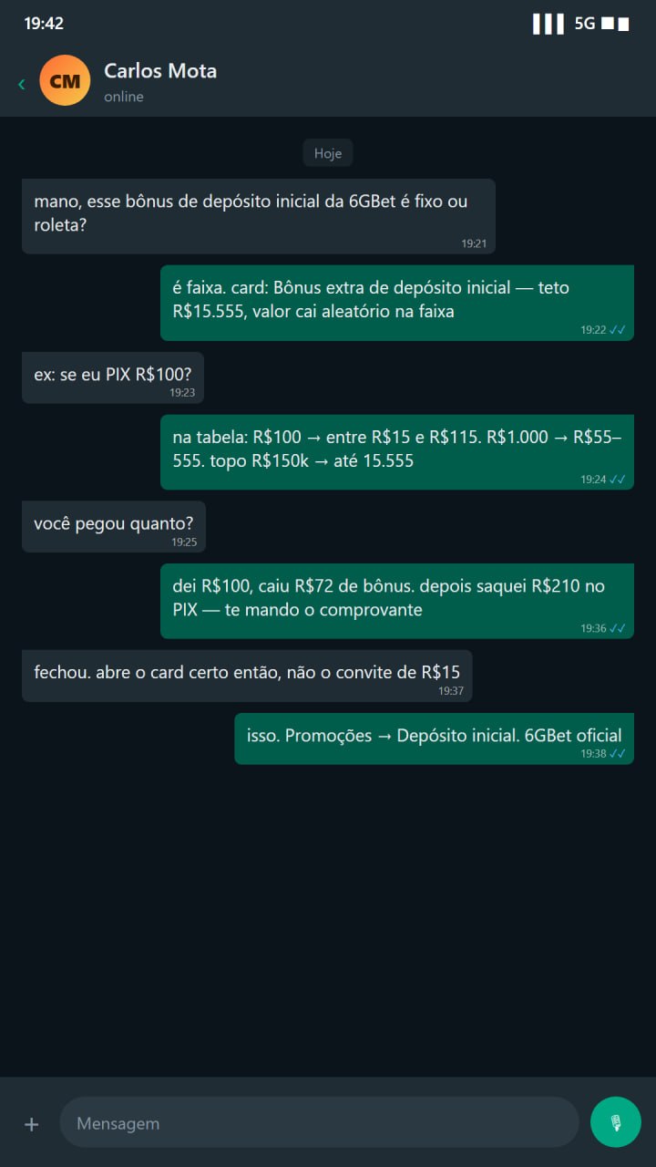 WhatsApp: dois amigos falando da faixa do bônus de depósito inicial na 6GBet