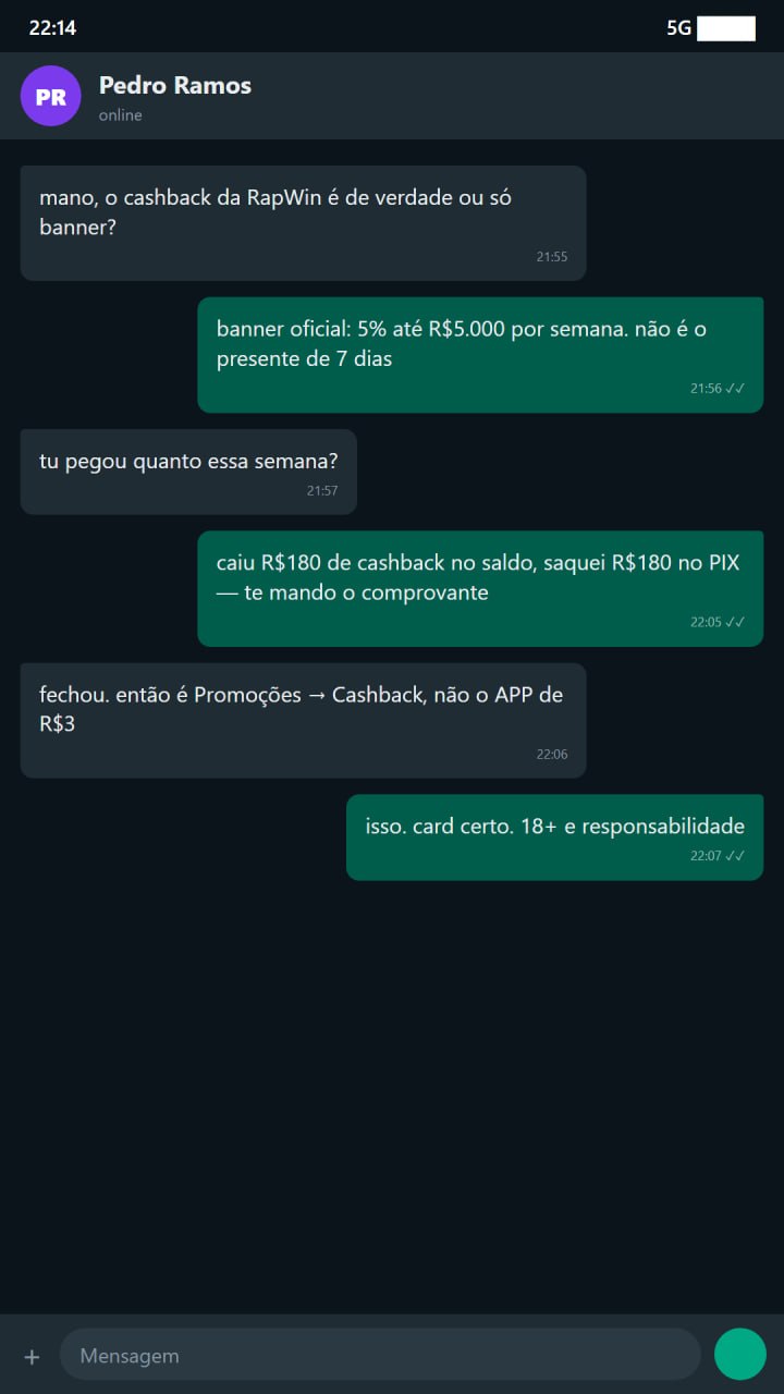 Poster H5 RapWin cashback 5% até R$5.000 por semana em estilo anúncio