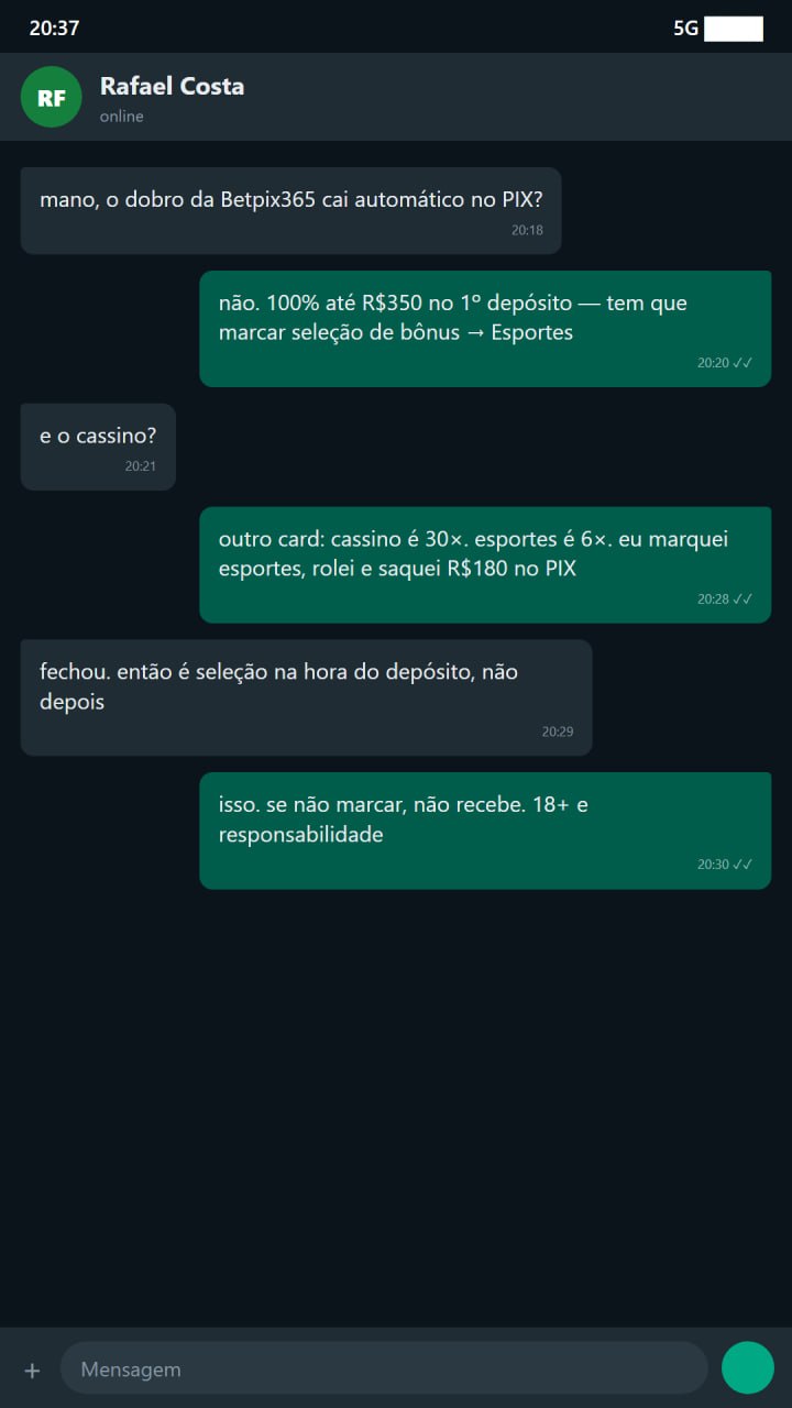 100% até R$350 no 1º depósito: só vale se marcar a seleção | Betpix365